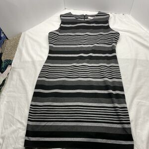 Calvin Klein Striped Sheath Dress Sz 14 Gray Black Sleeveless Workwear Mod Chic